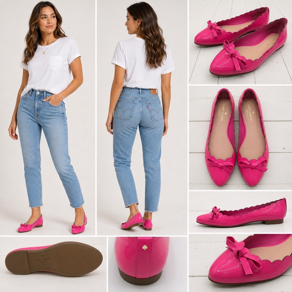 Kate Spade New York Hot Pink Patent Leather Scalloped Bow Ballet Flats 7M